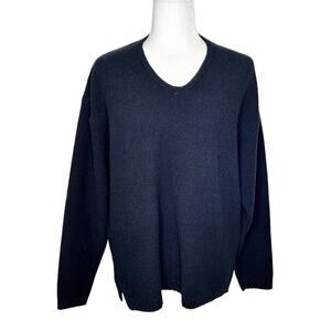 Perry Ellis Dark Black Boucle V-Neck Long Sleeve Grandmacore Pull Over Sweater